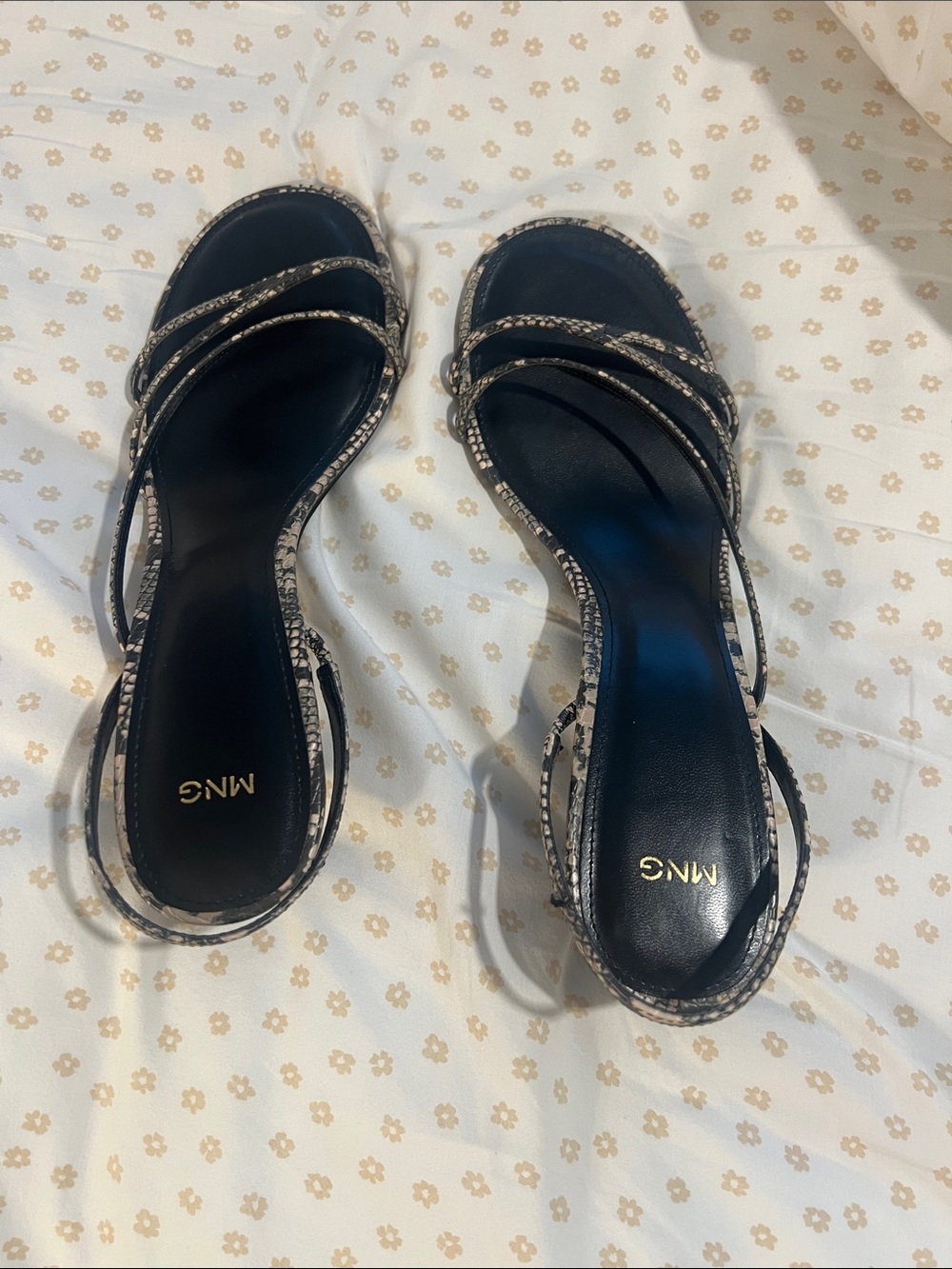 Mango Black/Cream  Snake-Print Strappy Heeled Sandals